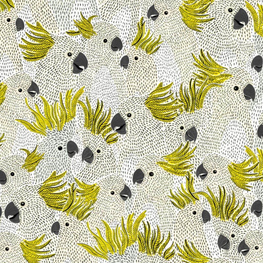 veronique de jong A seamless surface pattern design with nothing else but endless amounts of Cockatoos.