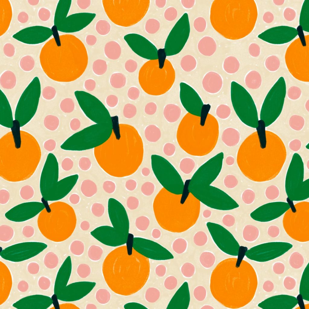 A seamless surface pattern design with lots of peaches Veronique de Jong illustraties ontwerp perziken fruit