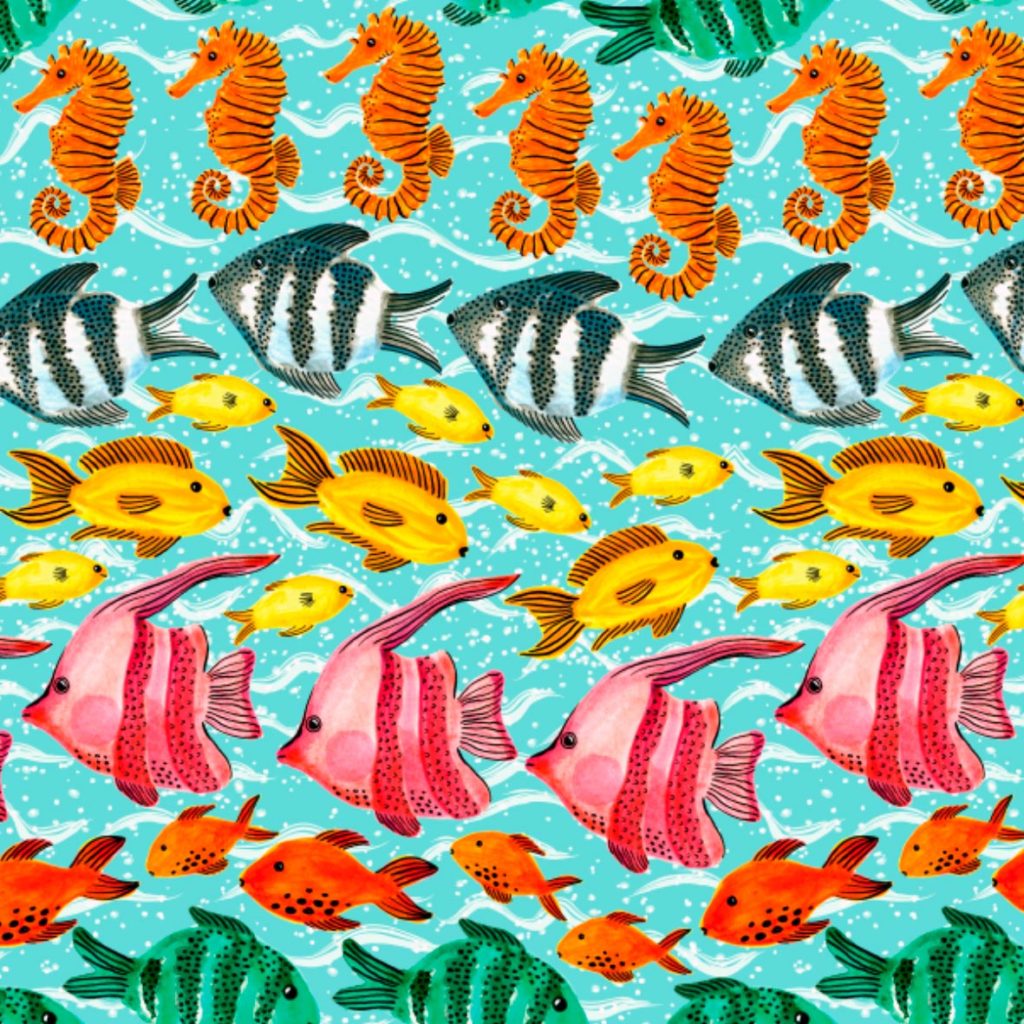 A seamless surface pattern fishes sea horse bubbles and waves Veronique de Jong design Under the Sea vissen zee zeepaardje
